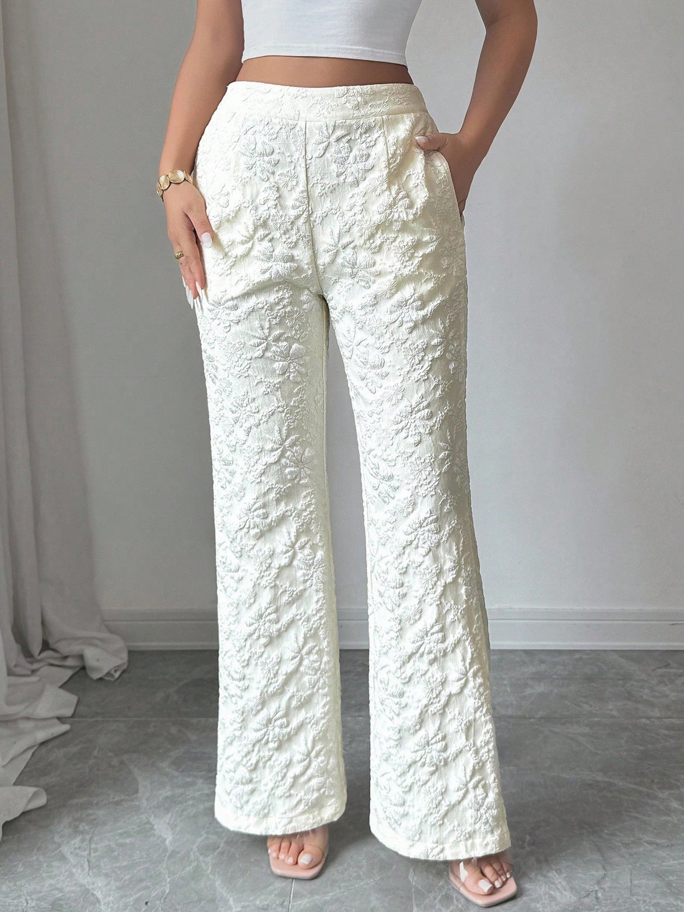 Textured High Waist Wide Leg Pants - Girly Tea