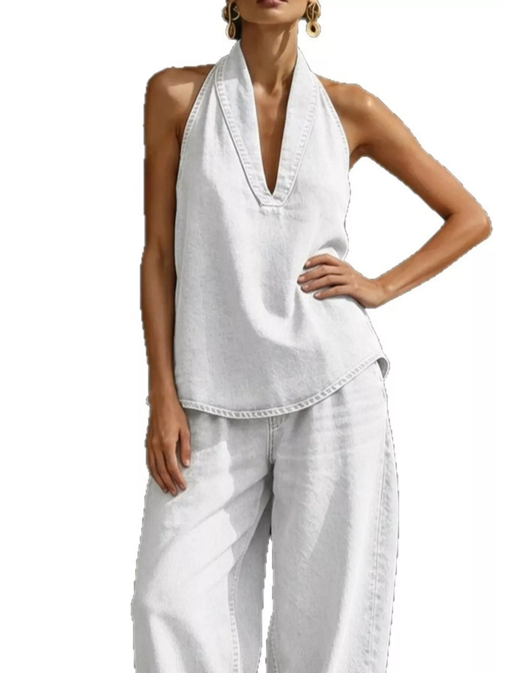 Full Size Halter Neck Top and Wide Leg Pants Plus Size - Girly Tea