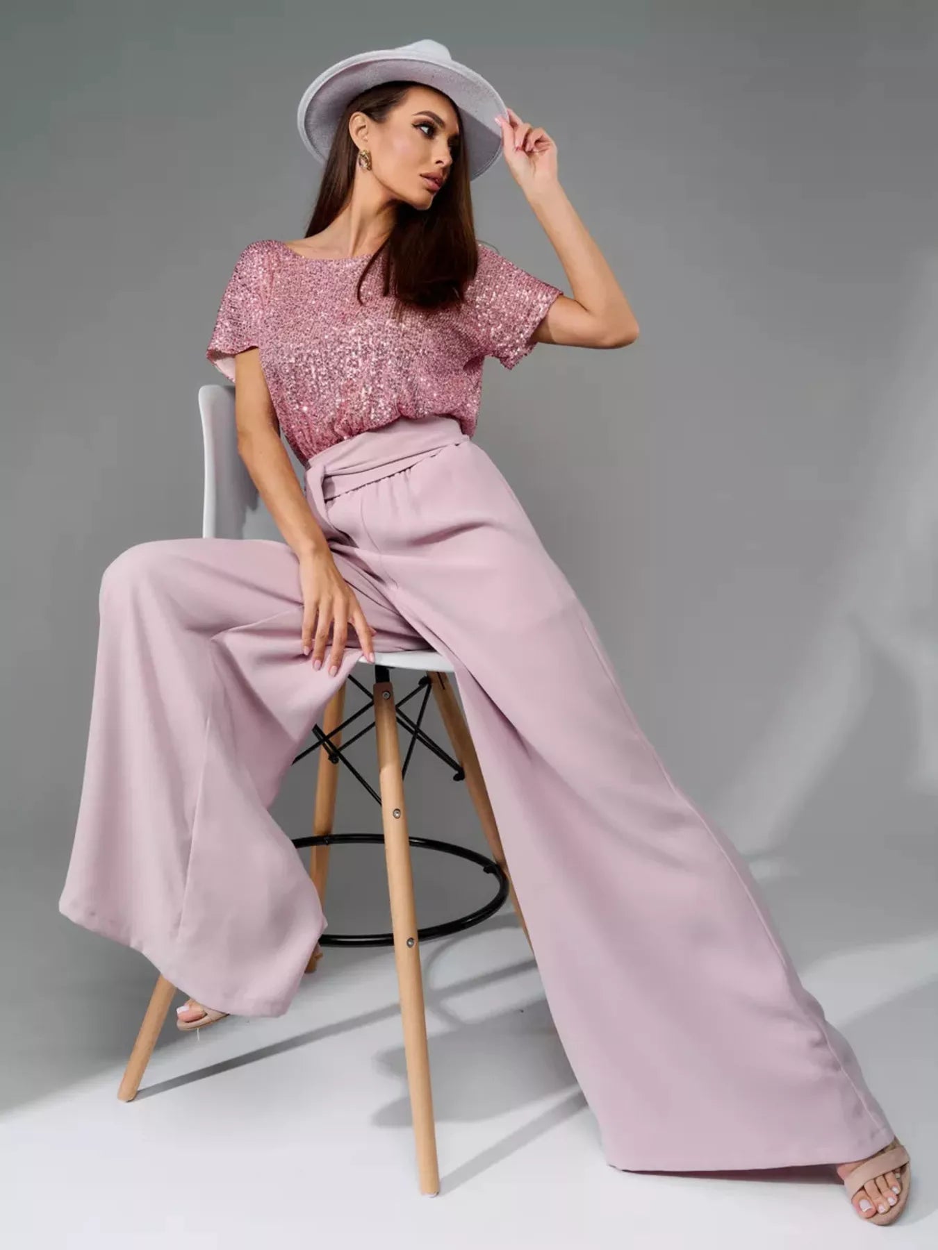 Full Size Sequin Short Sleeve Wide Leg Jumpsuit Plus Size - Girly Tea