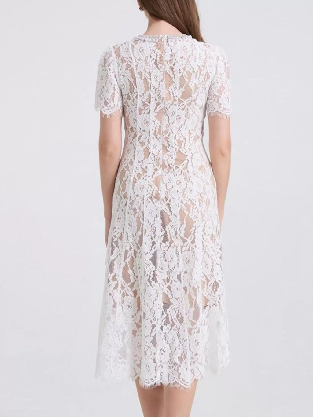 Lace Pearl Neckline Midi Dress - Girly Tea