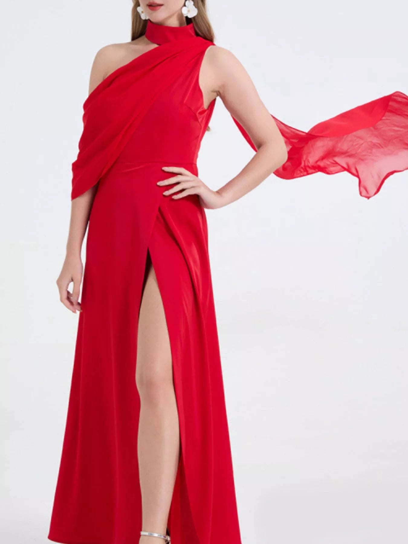 Asymmetrical Neck High Slit Maxi Dress - Girly Tea
