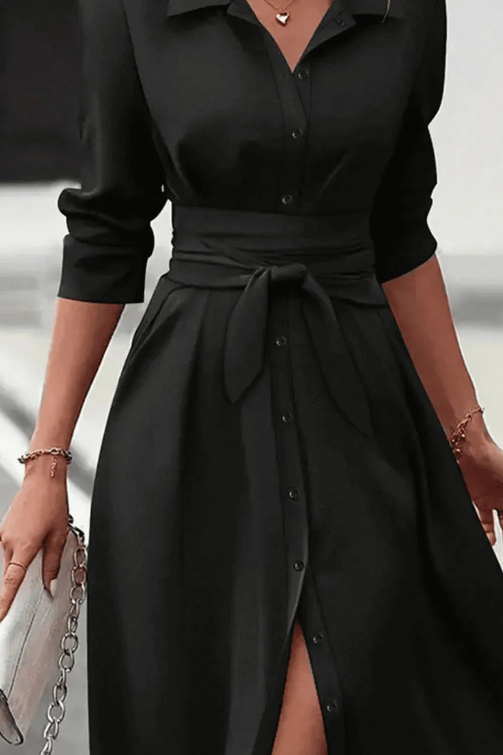 Collared Neck Long Sleeve Midi Shirt Dress - Girly Tea
