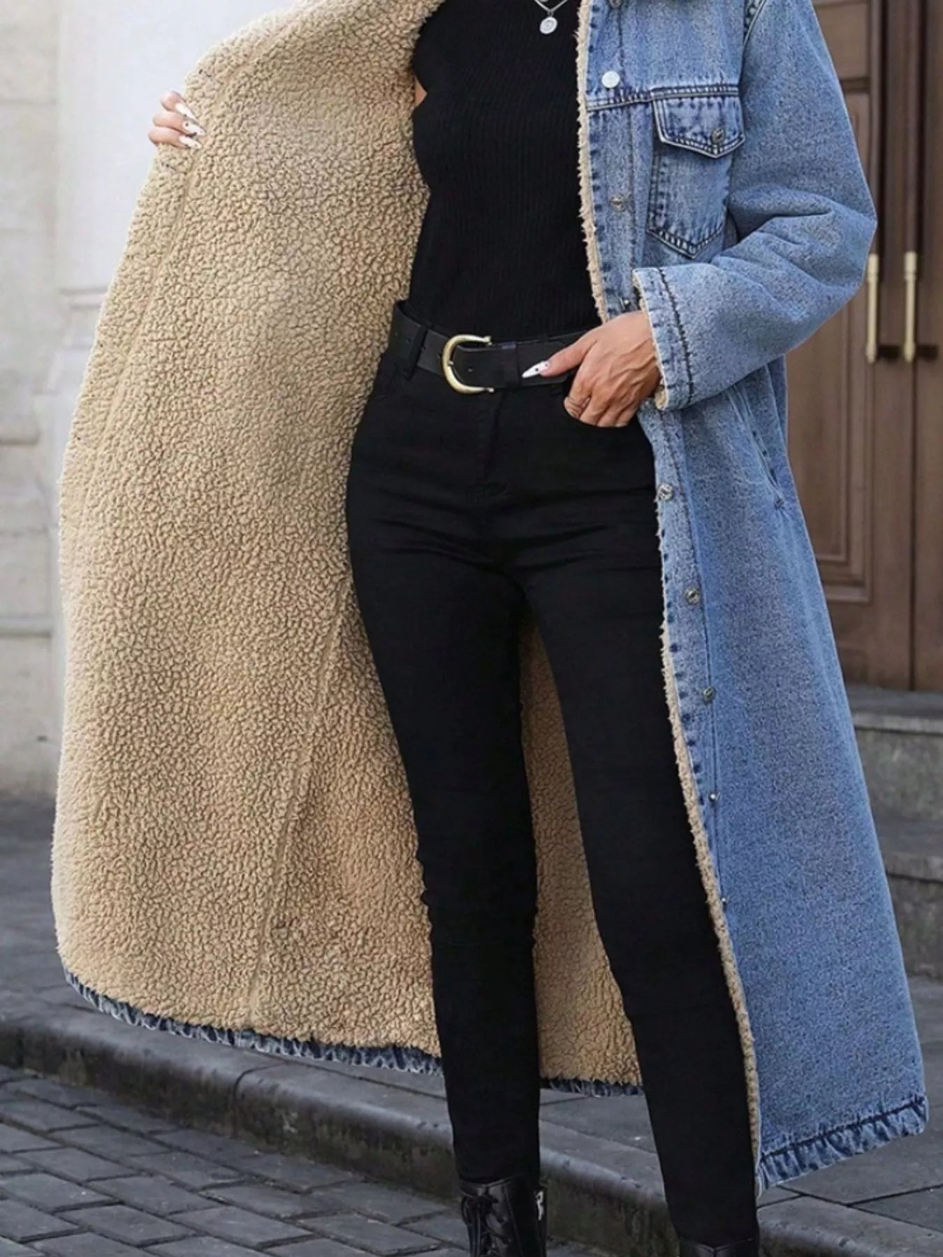 Sherpa Lined Longline Denim Jacket - Girly Tea