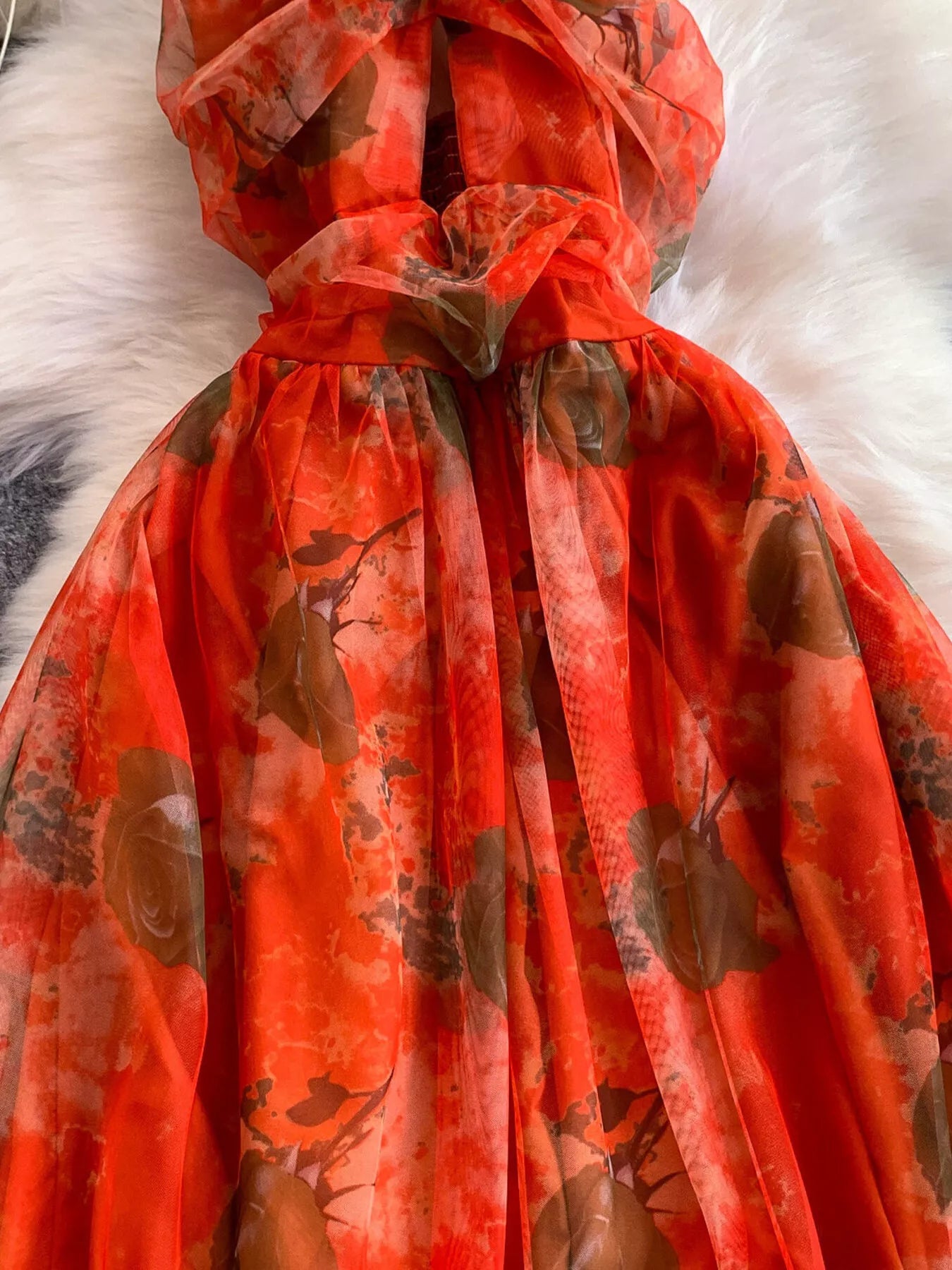 Floral Print Ruffled Layered Mesh Dress - Girly Tea