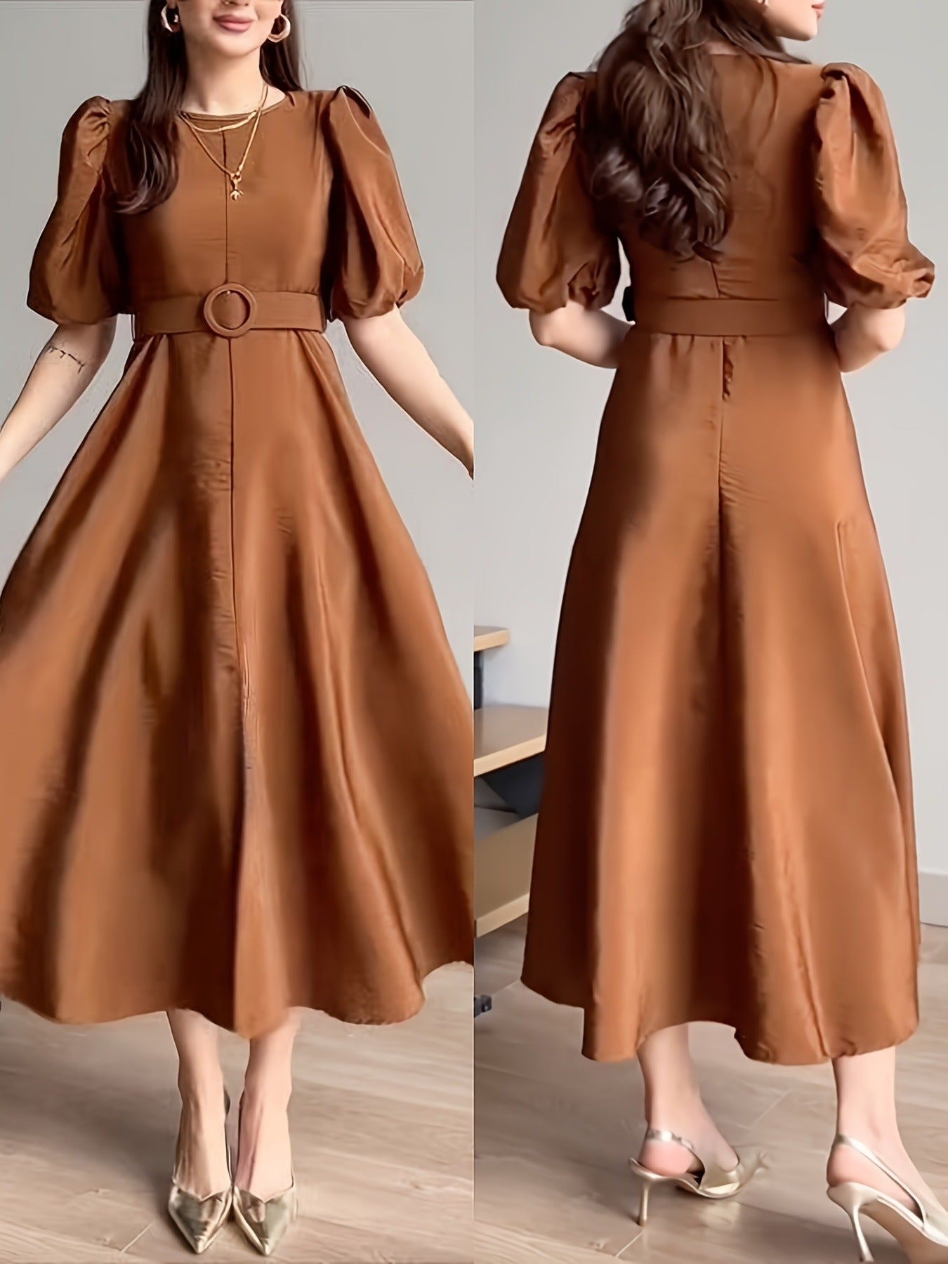 Belted Puff Sleeve Midi Dress - Girly Tea