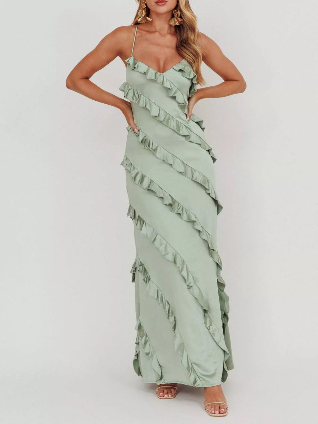 Ruffled Spaghetti Strap Maxi Dress - Girly Tea