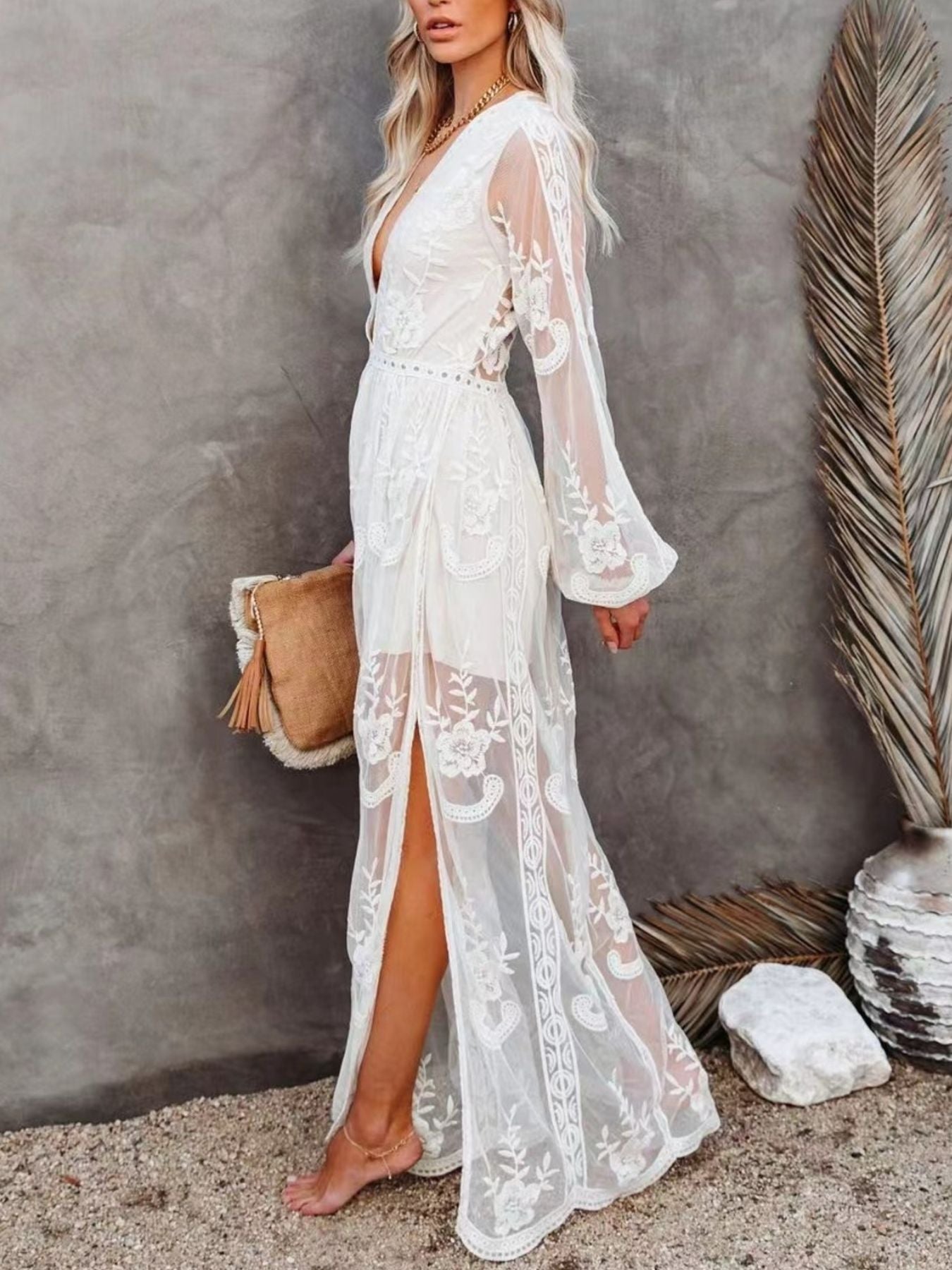 Floral Lace Slit Maxi Dress - Girly Tea