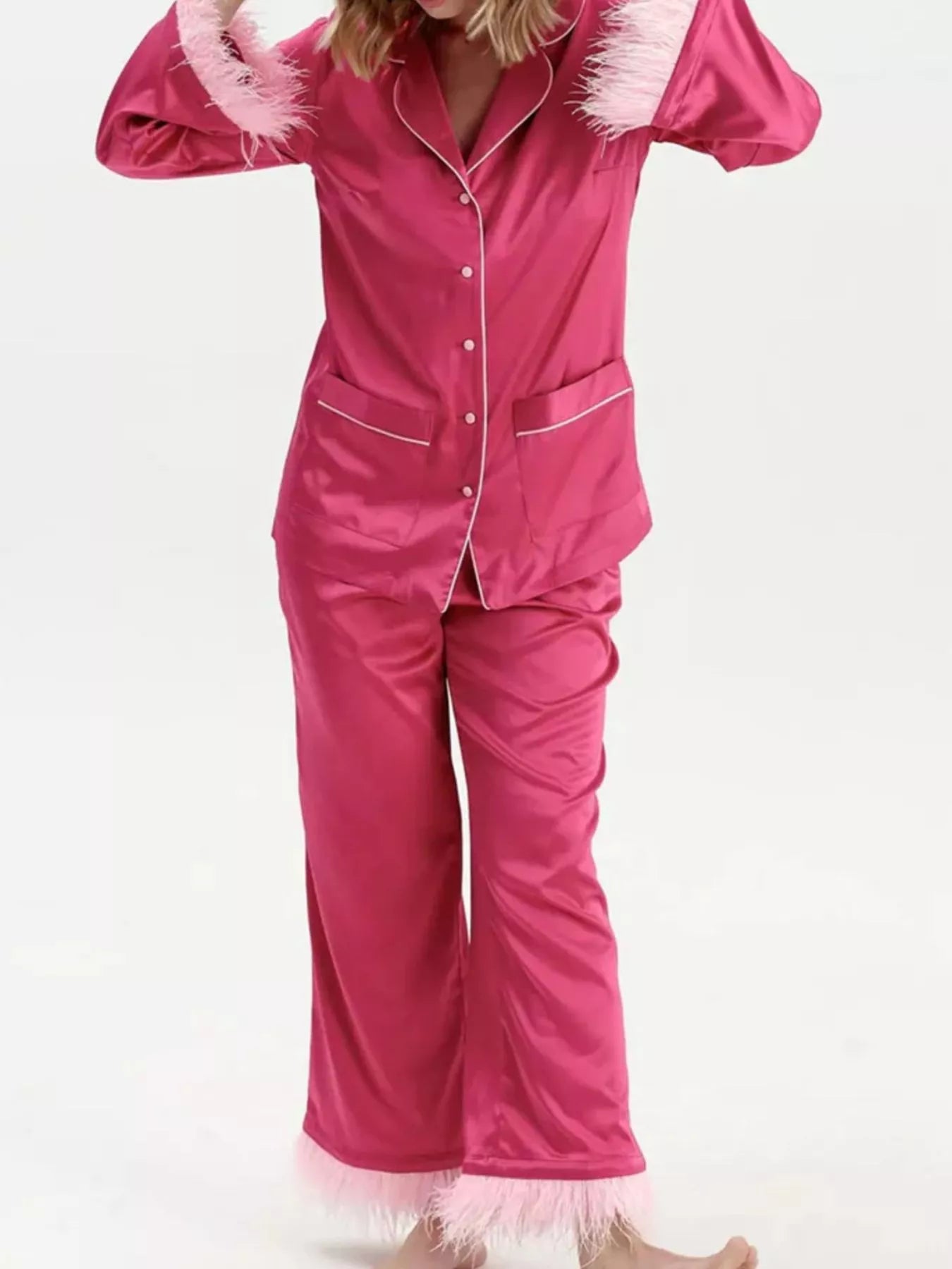 Silky Button Up Top and Pants Lounge Set - Girly Tea