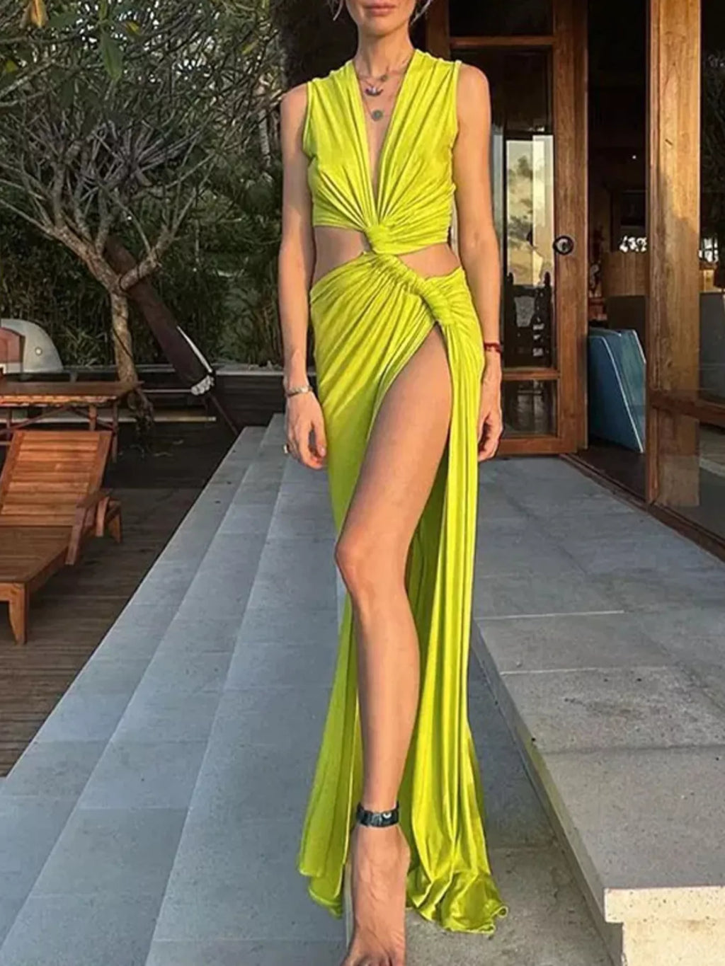 Deep V-Neck High Slit Maxi Dress - Girly Tea
