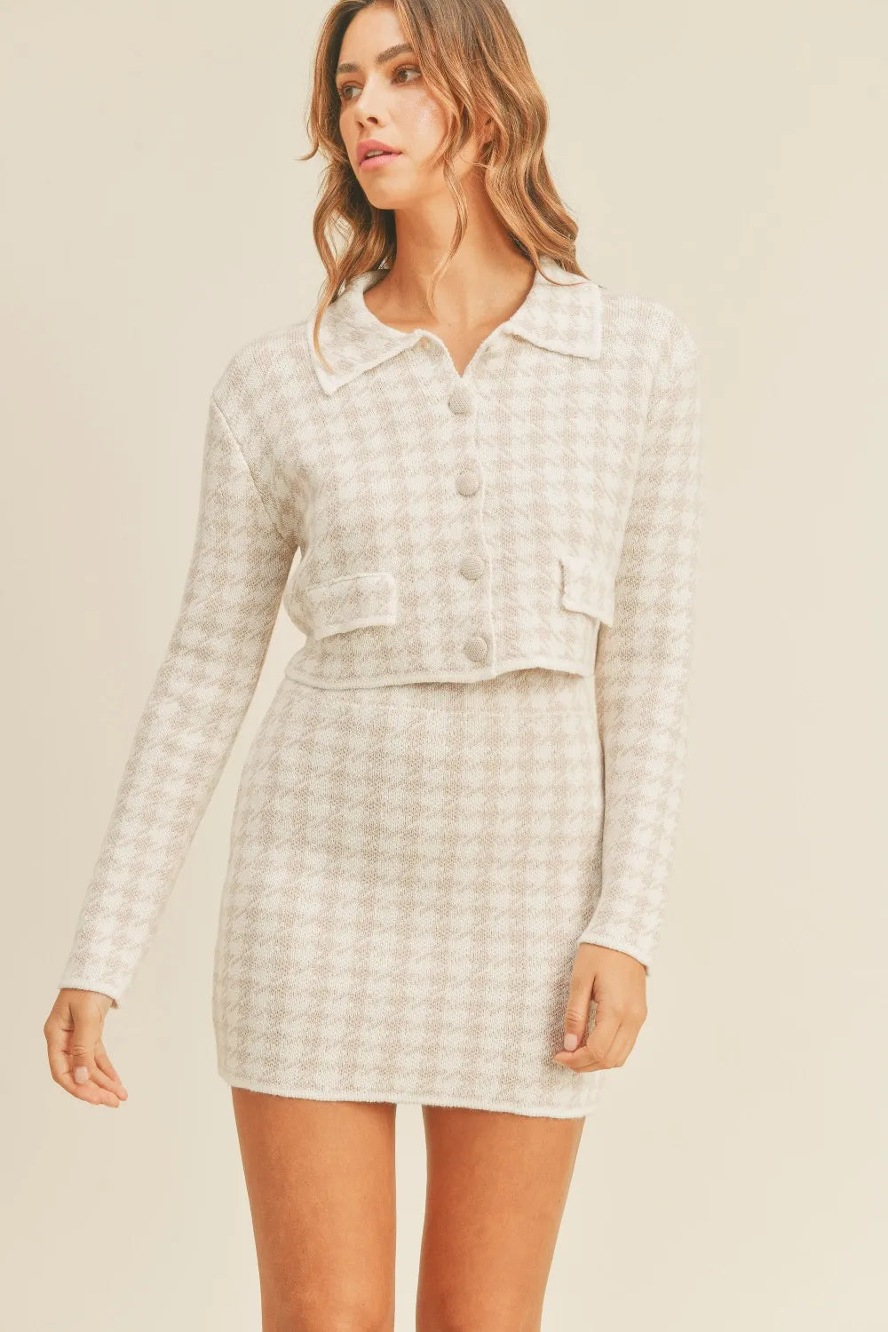 MABLE Houndstooth Cropped Knit Cardigan and Mini Skirt Set - Girly Tea