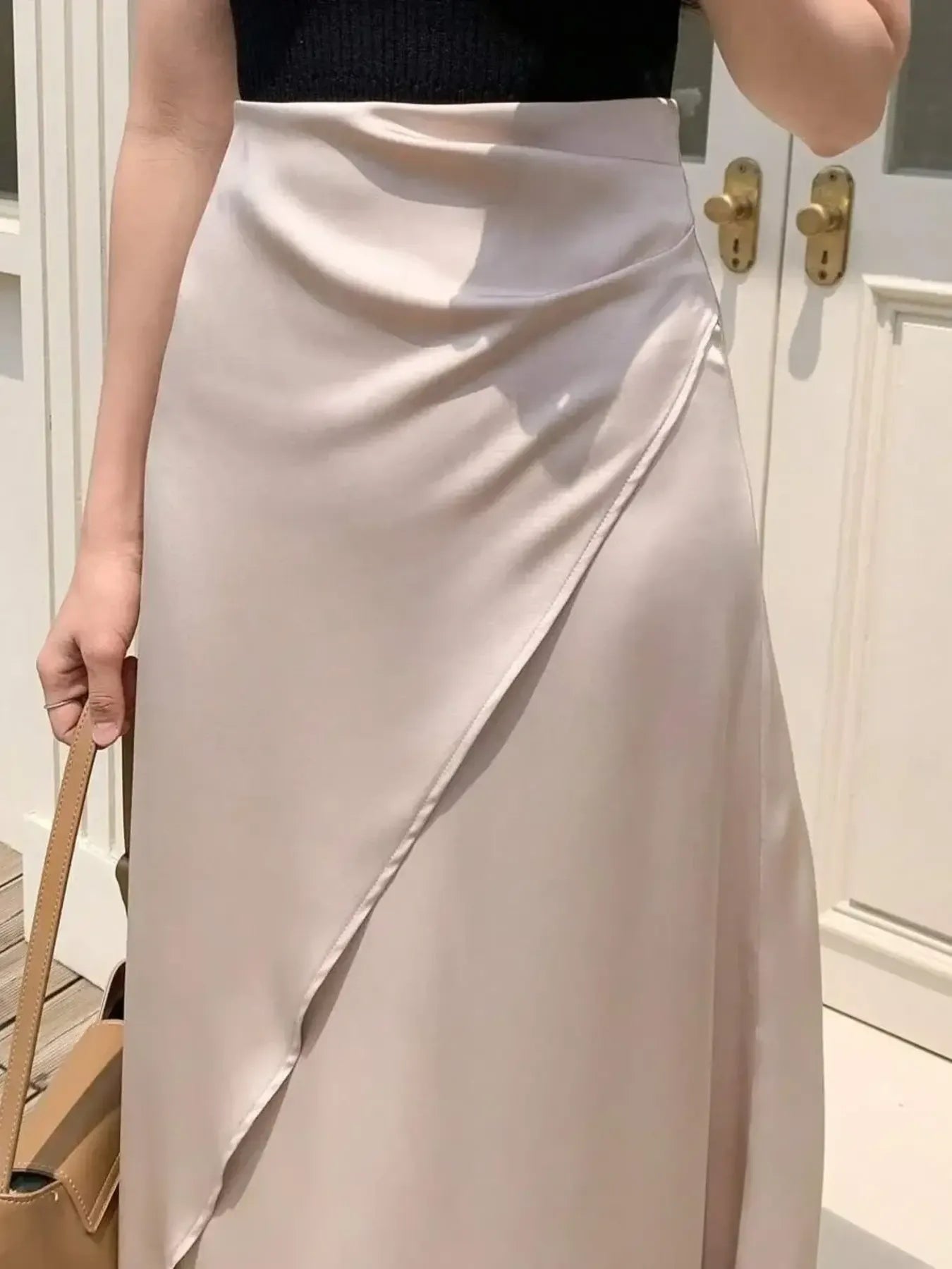 Asymmetric Wrap Midi Skirt with Fluted Hem - Girly Tea