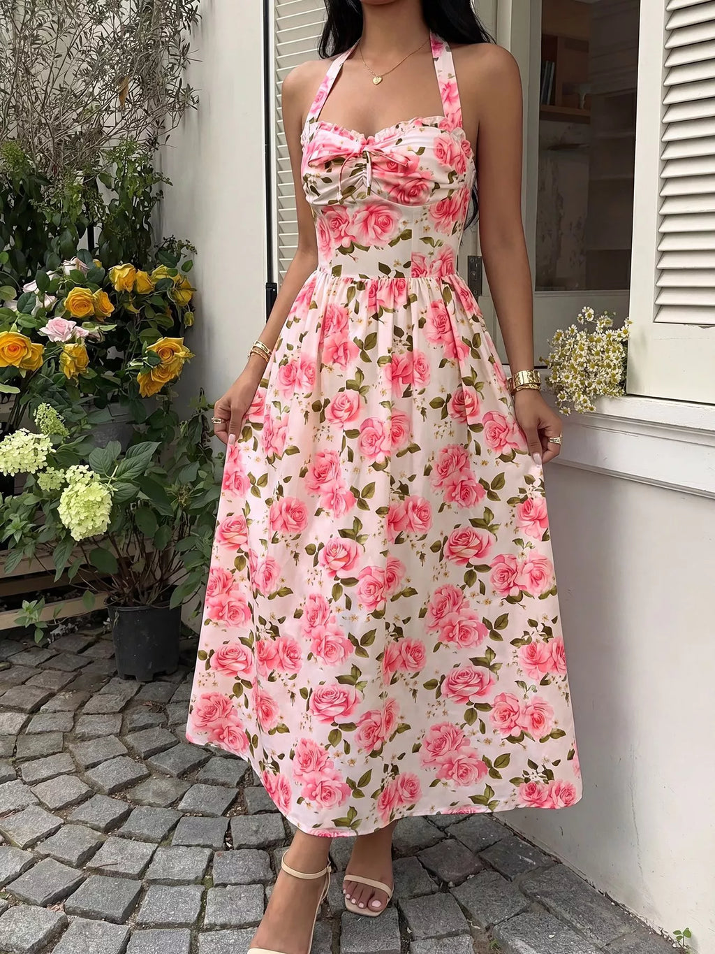 Floral Print Halter Neck Midi Dress - Girly Tea