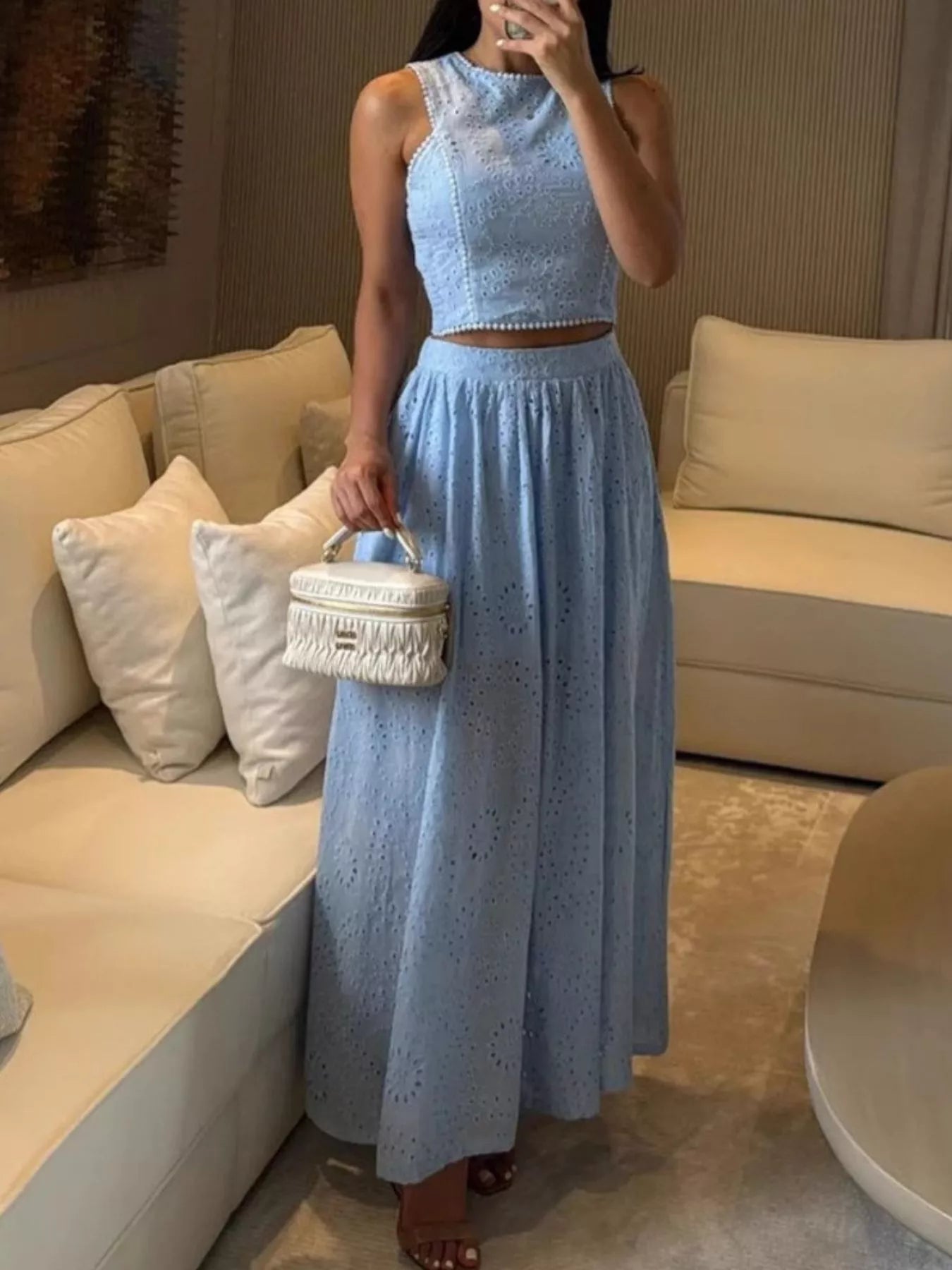 Eyelet Crop Top and Maxi Skirt Set - Girly Tea
