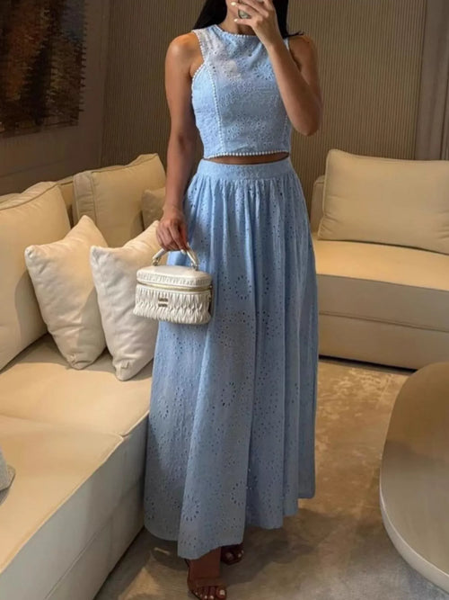 Eyelet Crop Top and Maxi Skirt Set - Girly Tea