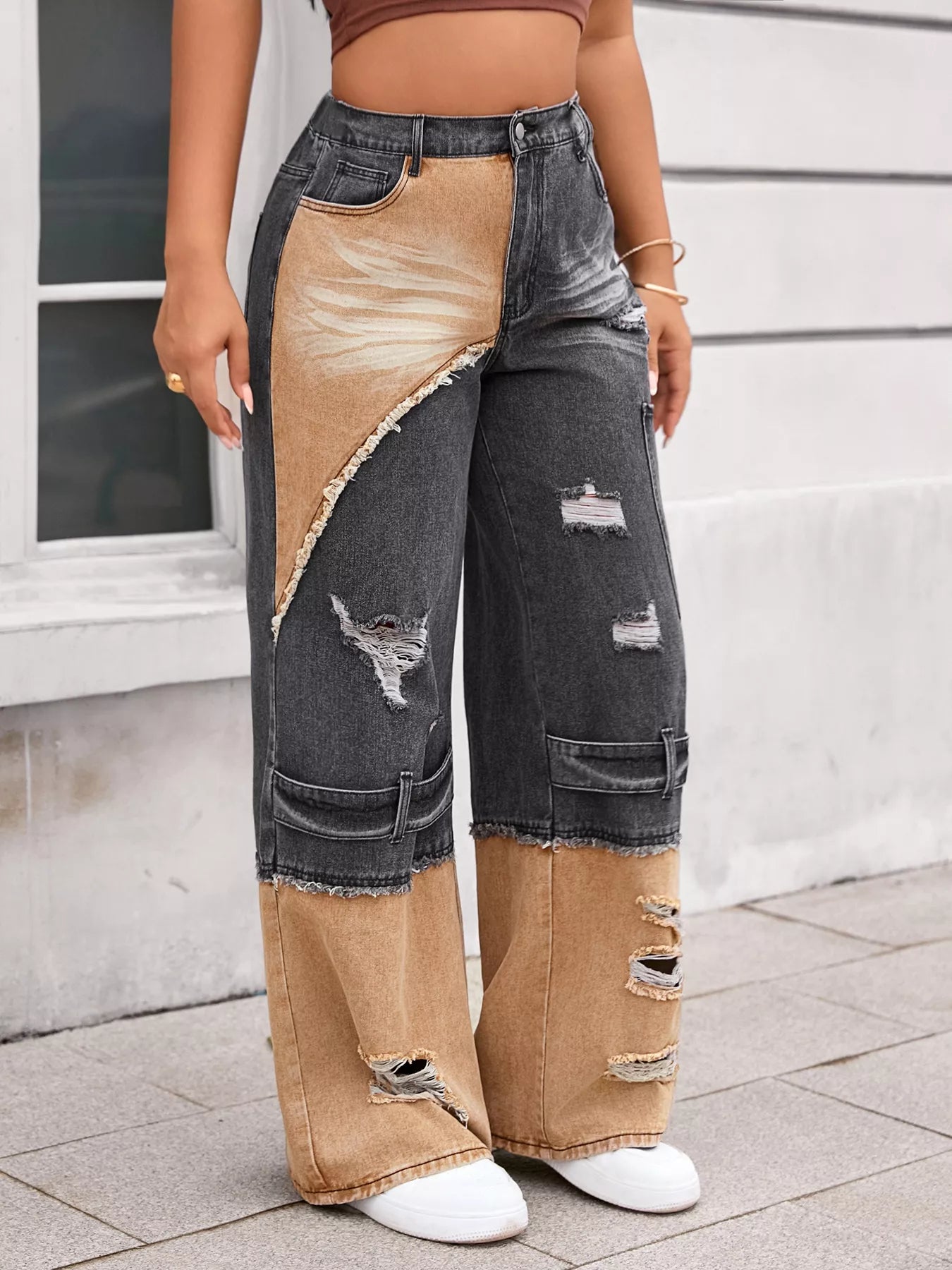 Two-Tone Ripped Wide Leg Jeans - Girly Tea