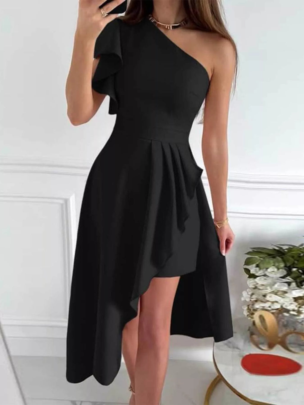 One-Shoulder Ruffle High-Low Dress - Girly Tea
