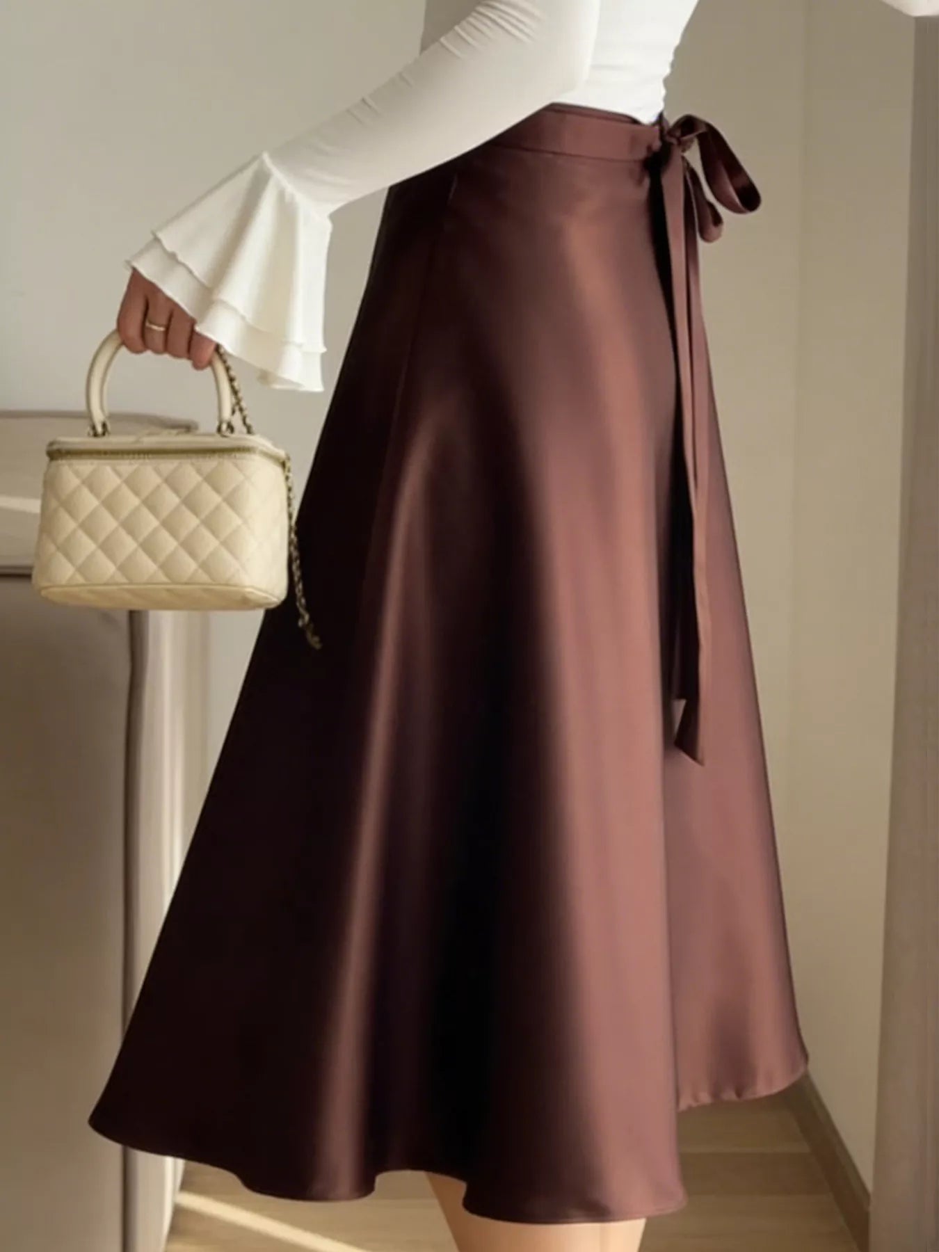 Satin A-Line Midi Skirt - Girly Tea