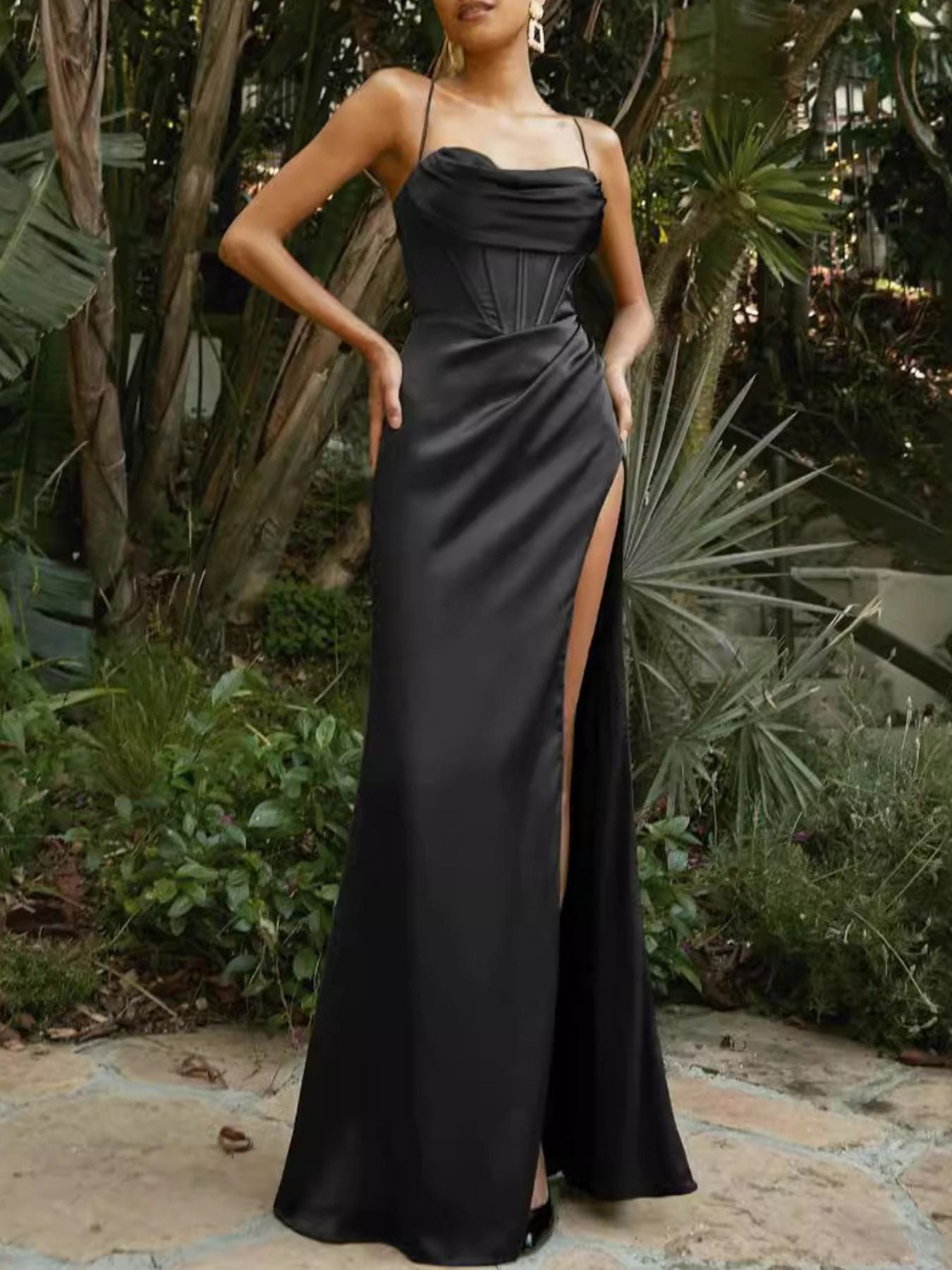 Satin High-Slit Cami Maxi Dress - Girly Tea