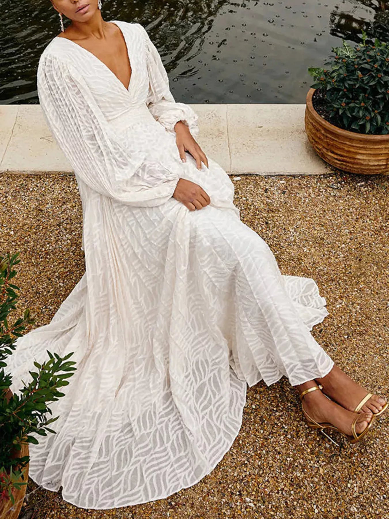V-Neck Long Sleeve Maxi Dress - Girly Tea