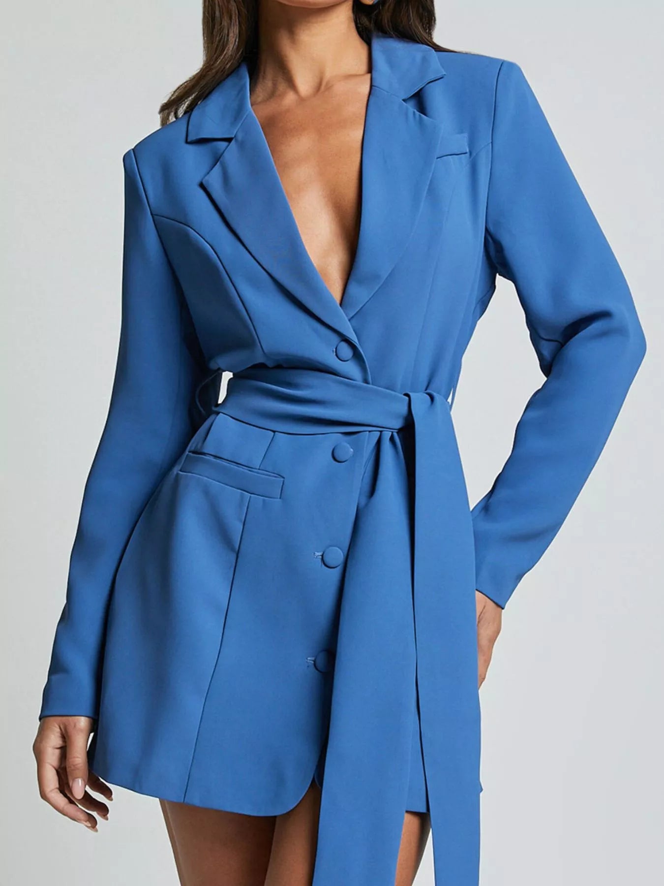 Lapel Collar Tie Waist Blazer - Girly Tea