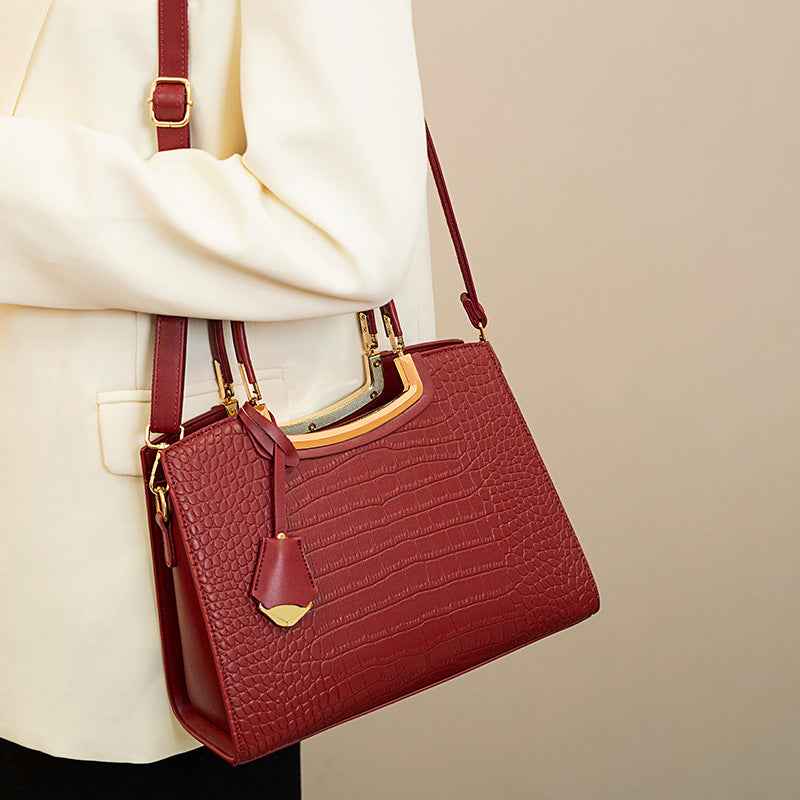 Crocodile Embossed Leather Top Handle Handbag