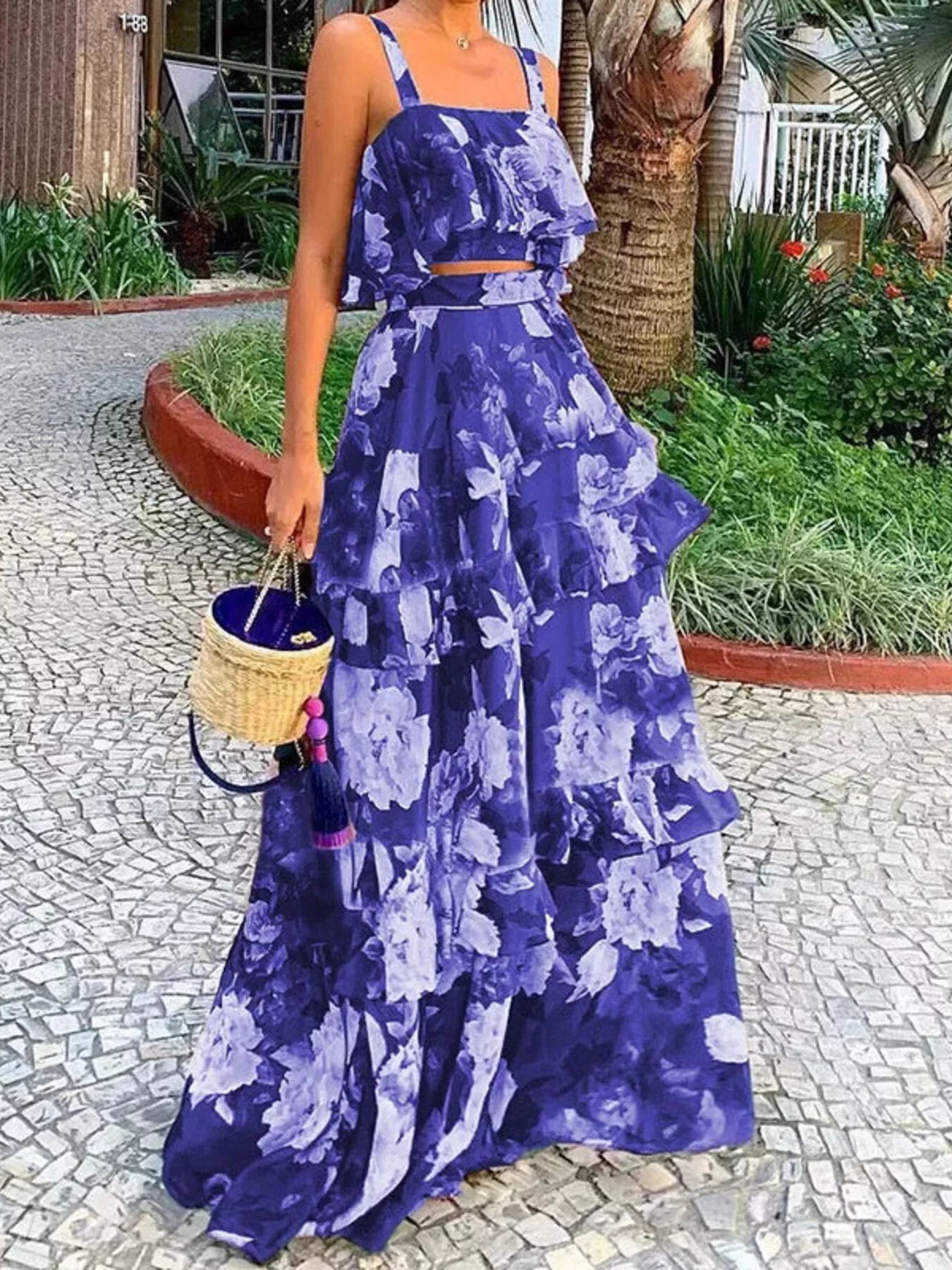 Floral Print Ruffle Cami and Skirt Two-Piece Set - Girly Tea