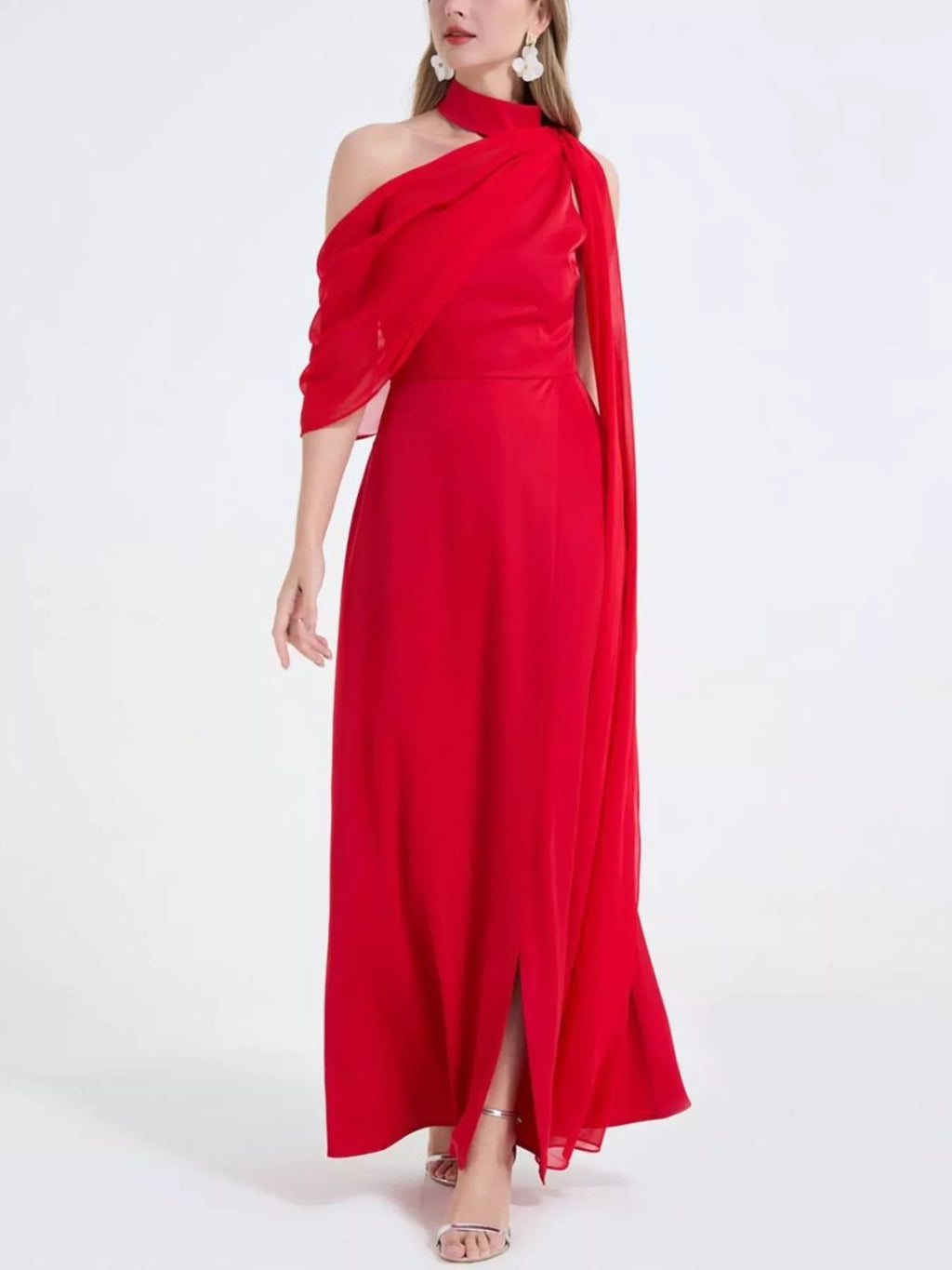 Asymmetrical Neck High Slit Maxi Dress - Girly Tea