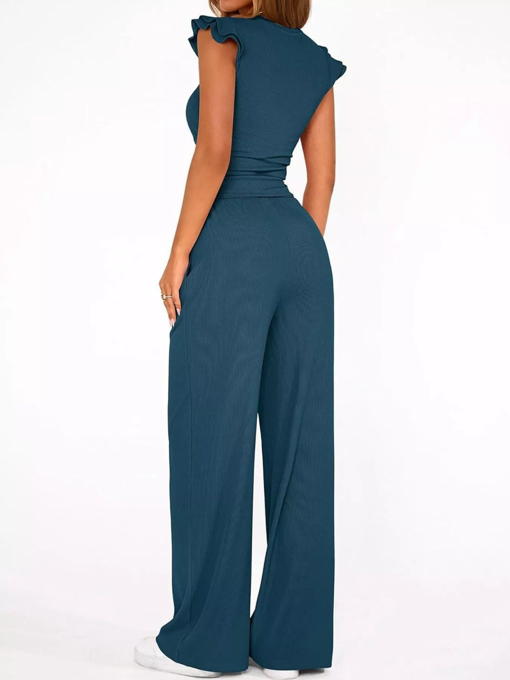 Ruffled Mock Neck Top and Wide Leg Pants Set - Girly Tea
