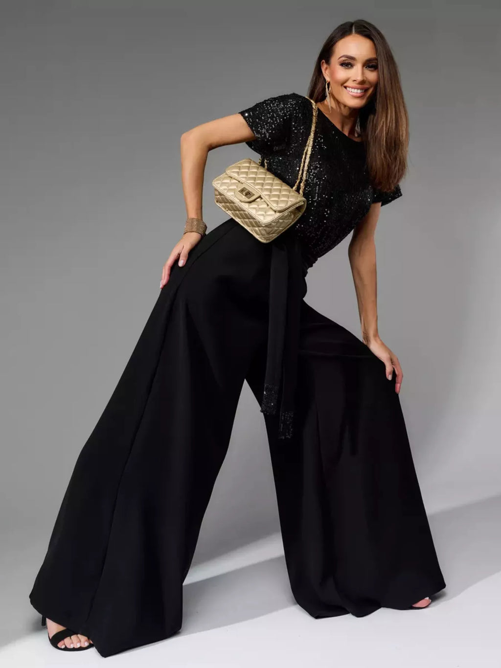 Full Size Sequin Short Sleeve Wide Leg Jumpsuit Plus Size - Girly Tea