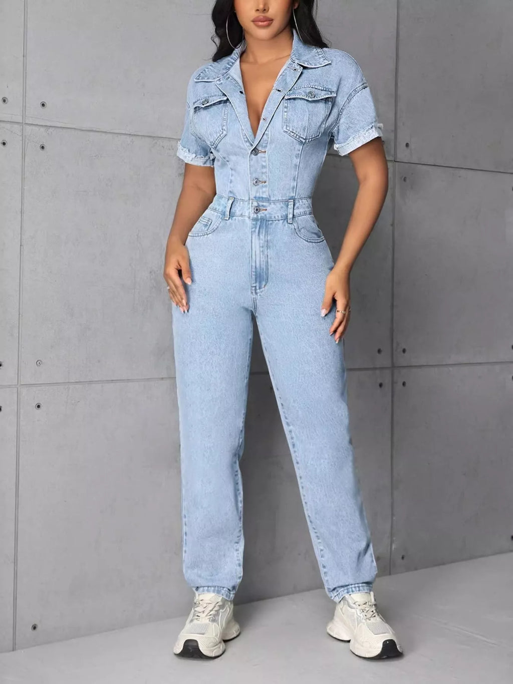 Button Front Short Sleeve Denim Jumpsuit - Girly Tea