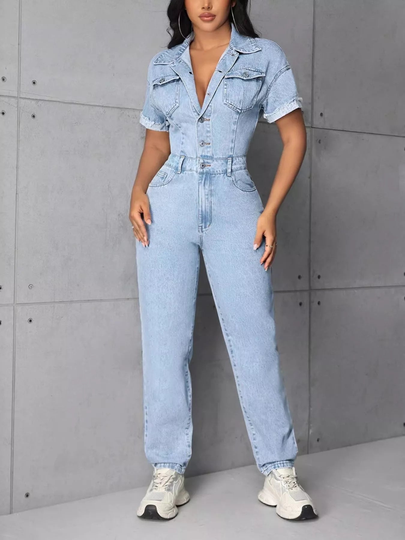 Button Front Short Sleeve Denim Jumpsuit - Girly Tea