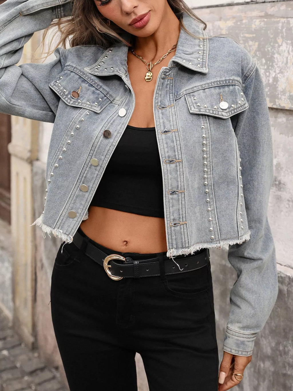 Studded Raw Hem Denim Jacket - Girly Tea