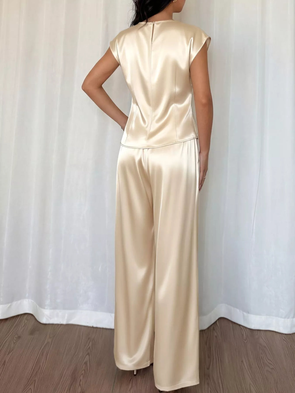 Satin Twist-Front Top and Wide-Leg Pants Set - Girly Tea