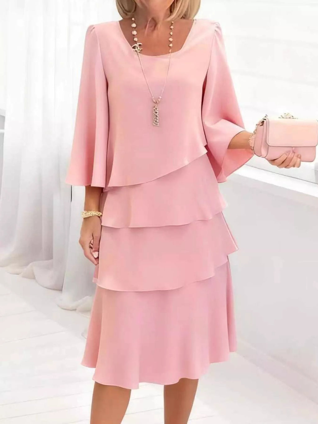 Full Size Ruffled Layered 3/4 Sleeve Dress Plus Size - Girly Tea