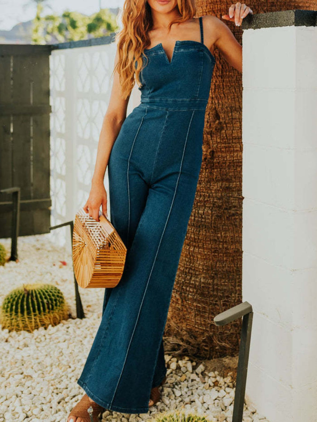 Spaghetti Strap Wide Leg Denim Jumpsuit - Girly Tea