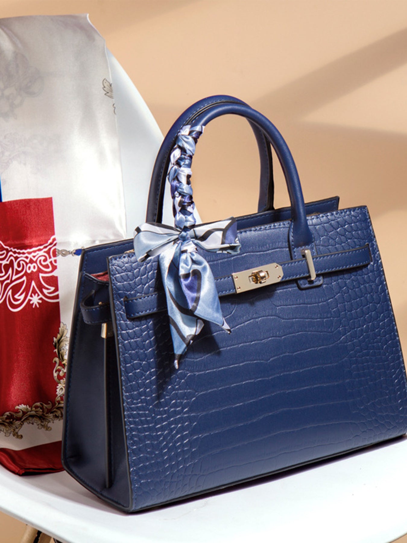 Crocodile Embossed Leather Top Handle Handbag - Girly Tea