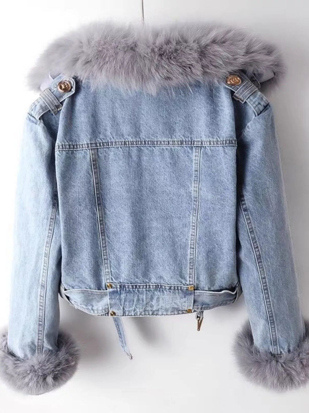 Full Size Faux Fur Collar Denim Jacket Plus Size - Girly Tea