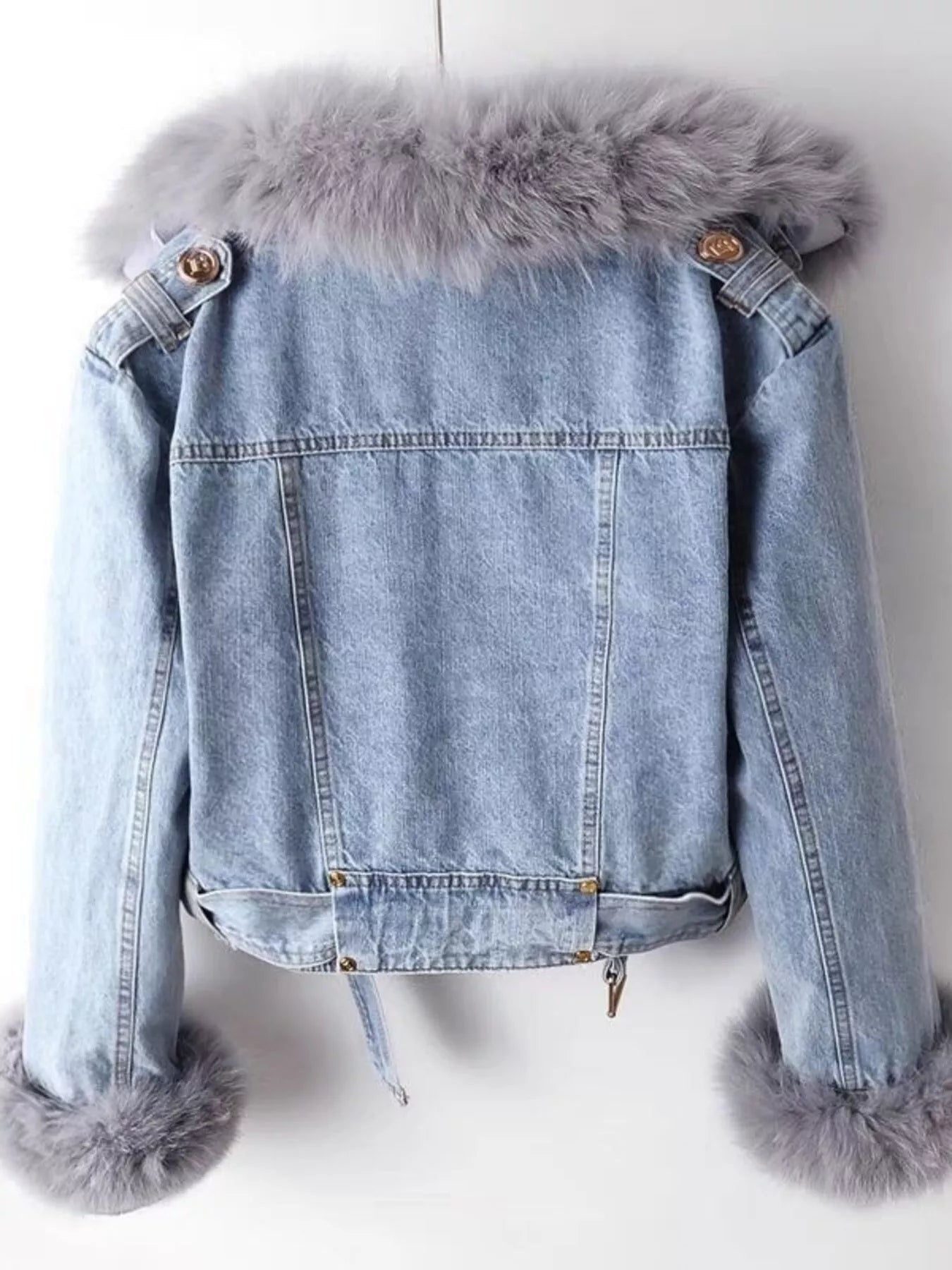 Full Size Faux Fur Collar Denim Jacket Plus Size - Girly Tea