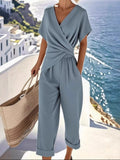 Full Size Surplice Short Sleeve Top and Pants Set Plus Size - Girly Tea