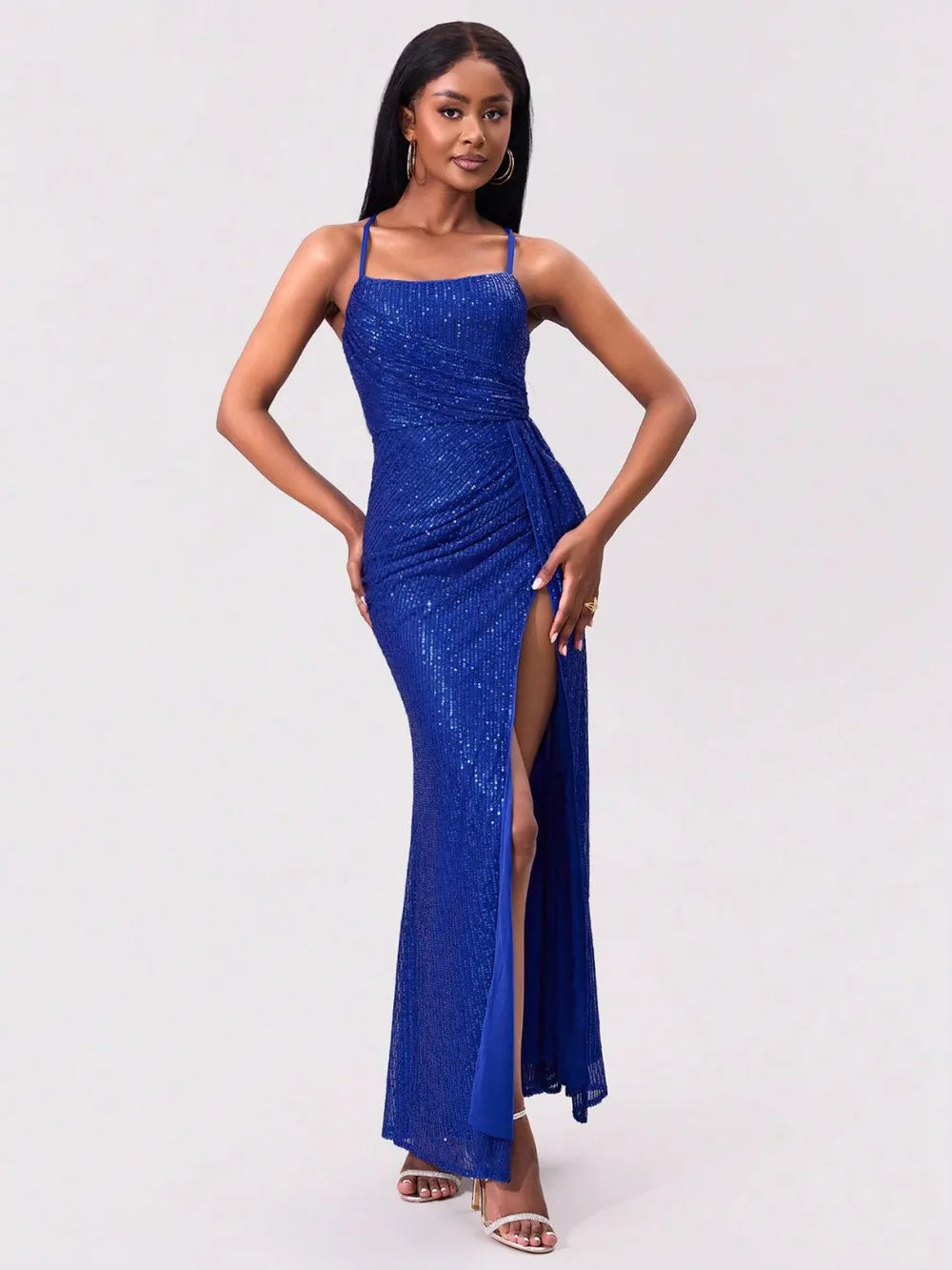 Slit Sequin Square Neck Spaghetti Strap Dress - Girly Tea