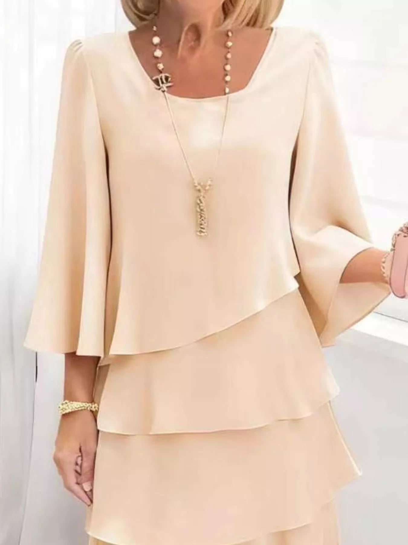 Full Size Ruffled Layered 3/4 Sleeve Dress Plus Size - Girly Tea