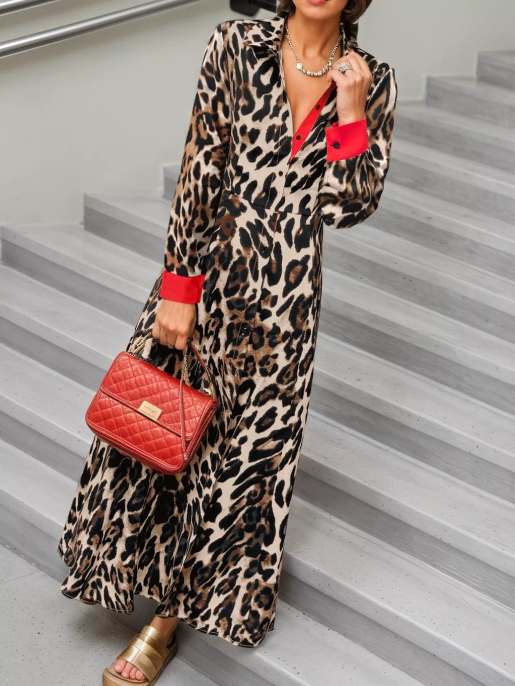 Leopard Print Long Sleeve Shirt Dress with Contrast Trim - Girly Tea