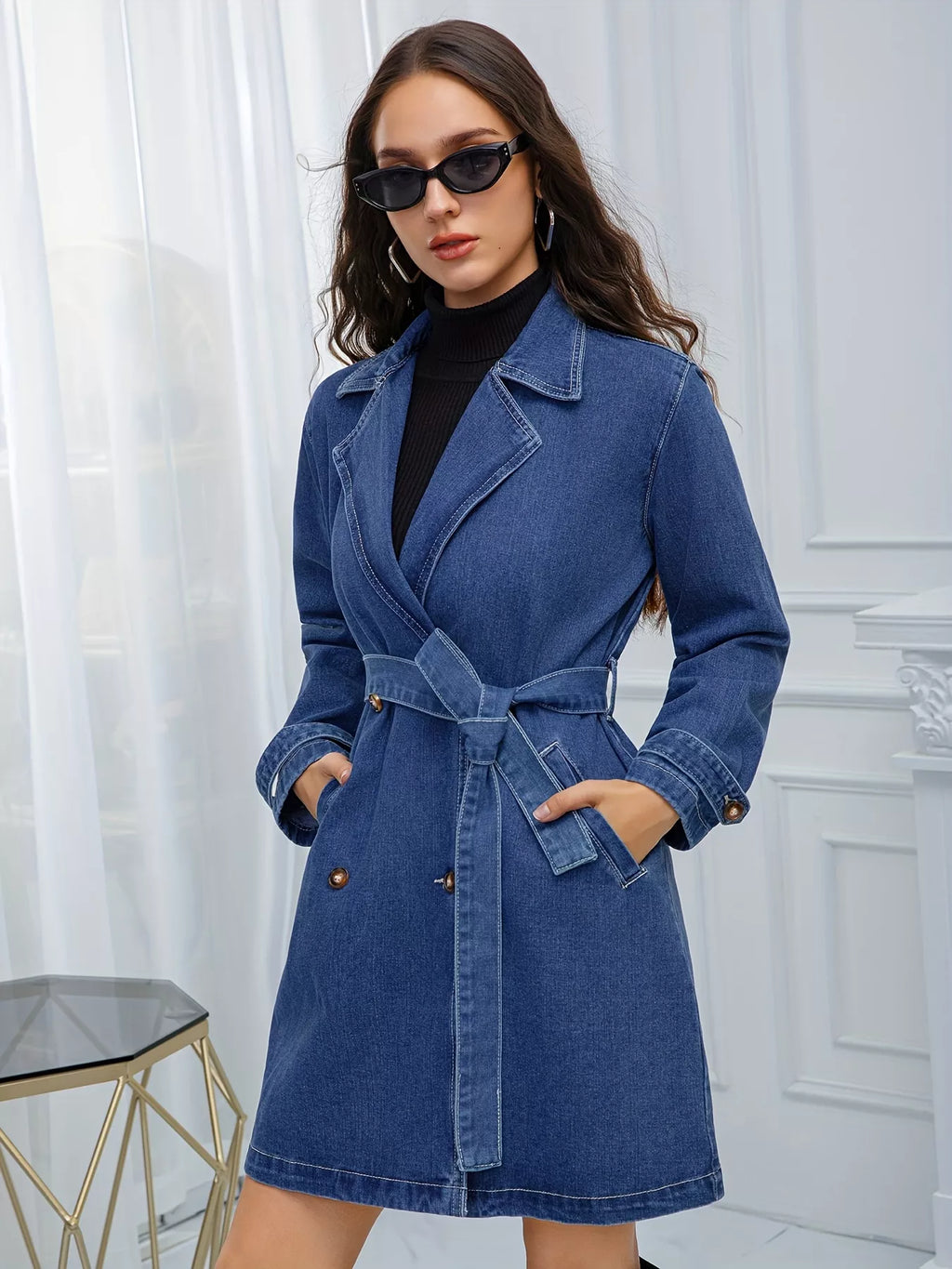 Belted Double-Breasted Denim Jacket - Girly Tea