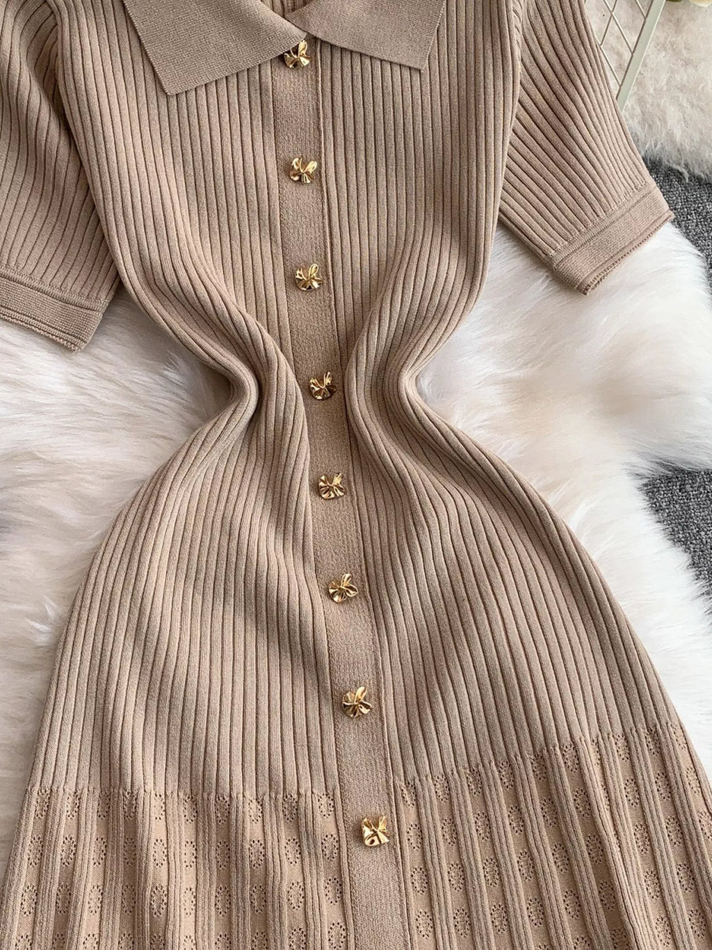 Button Front Ribbed Knit Midi Dress - Girly Tea