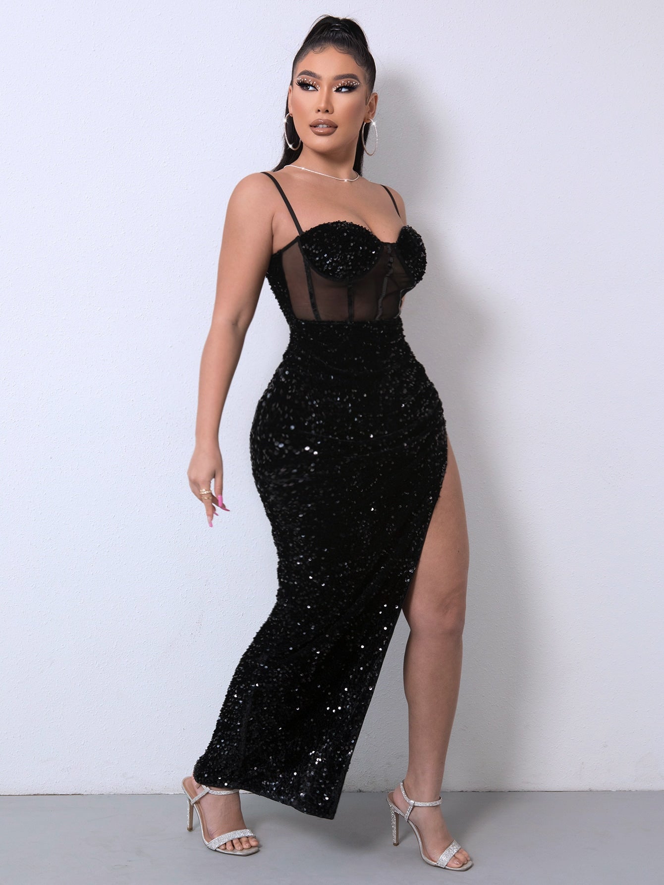 Sequin Spliced Mesh Adjustable Strap Dress - Girly Tea