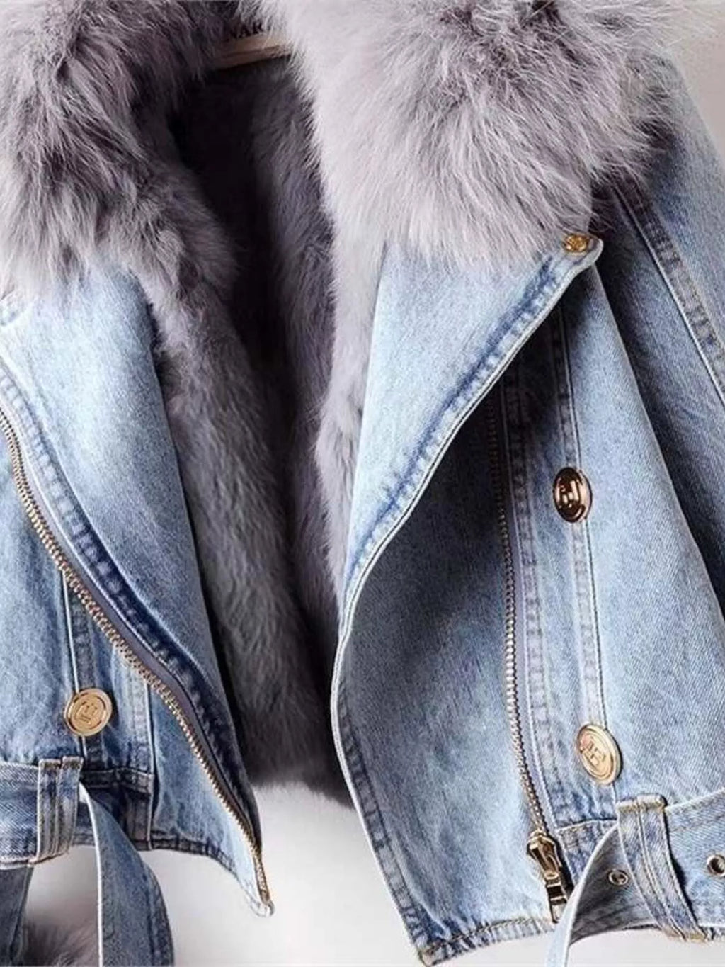 Full Size Faux Fur Collar Denim Jacket Plus Size - Girly Tea