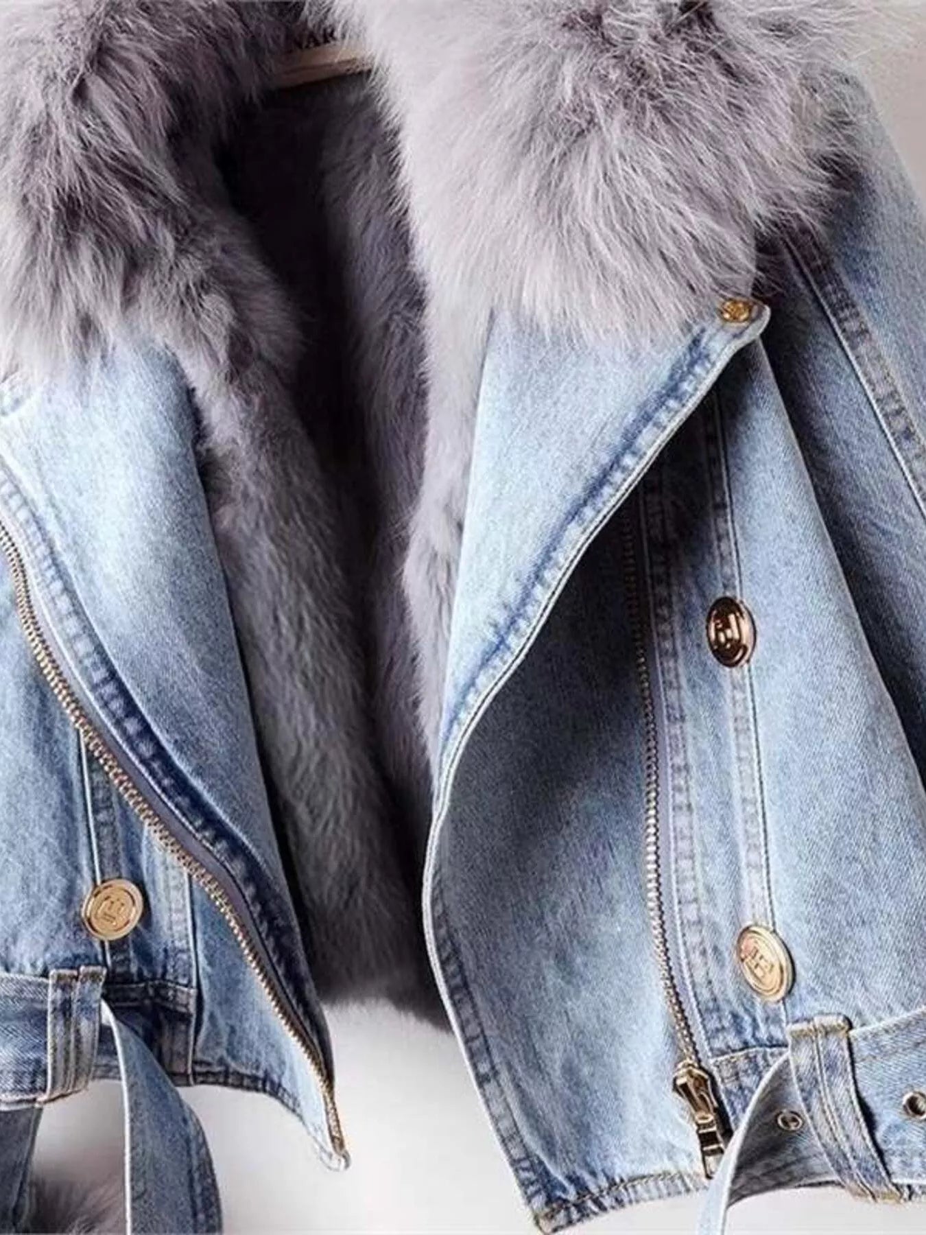 Full Size Faux Fur Collar Denim Jacket Plus Size - Girly Tea