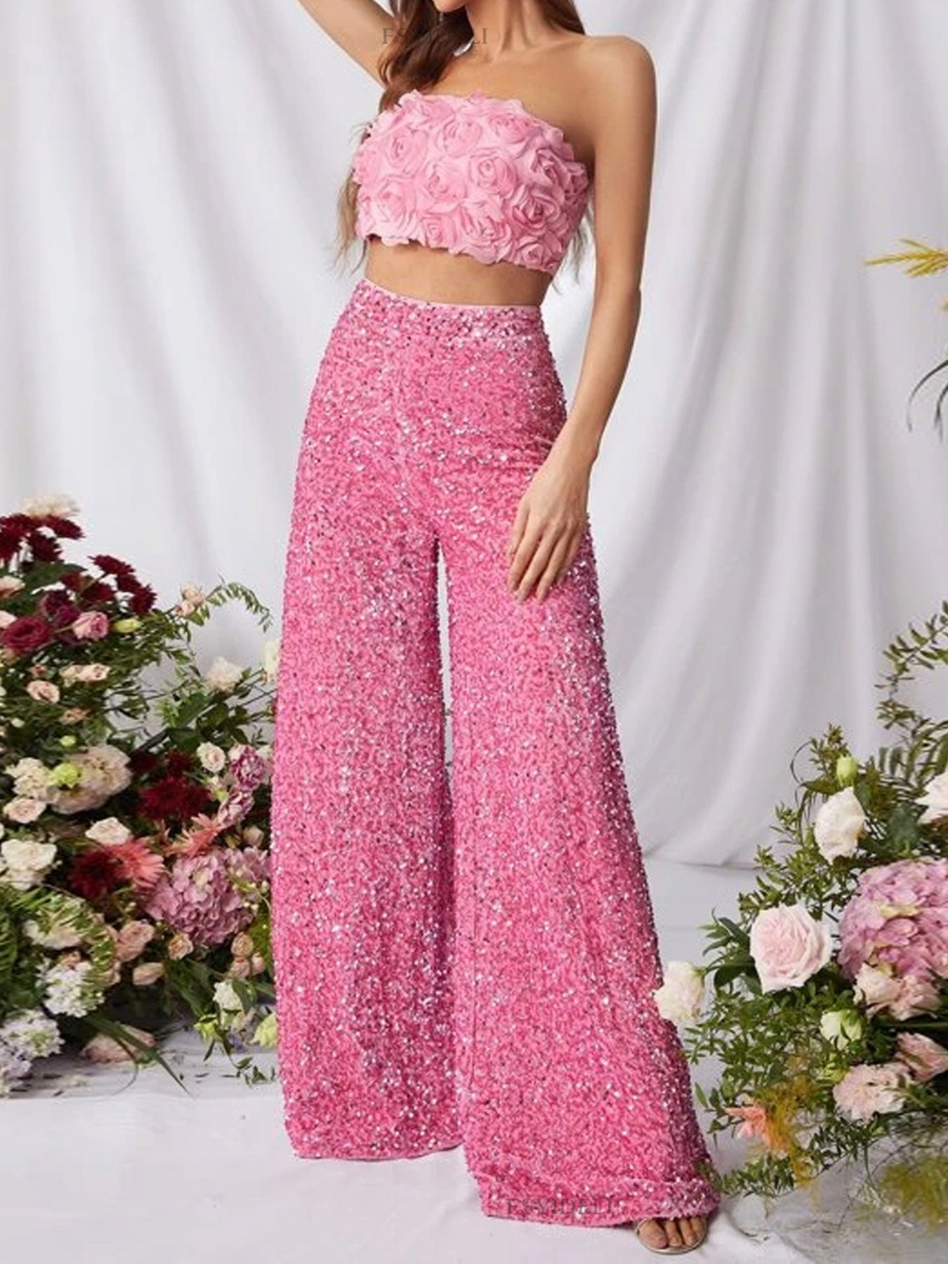 Sequin Embellished Wide Leg Pants - Girly Tea
