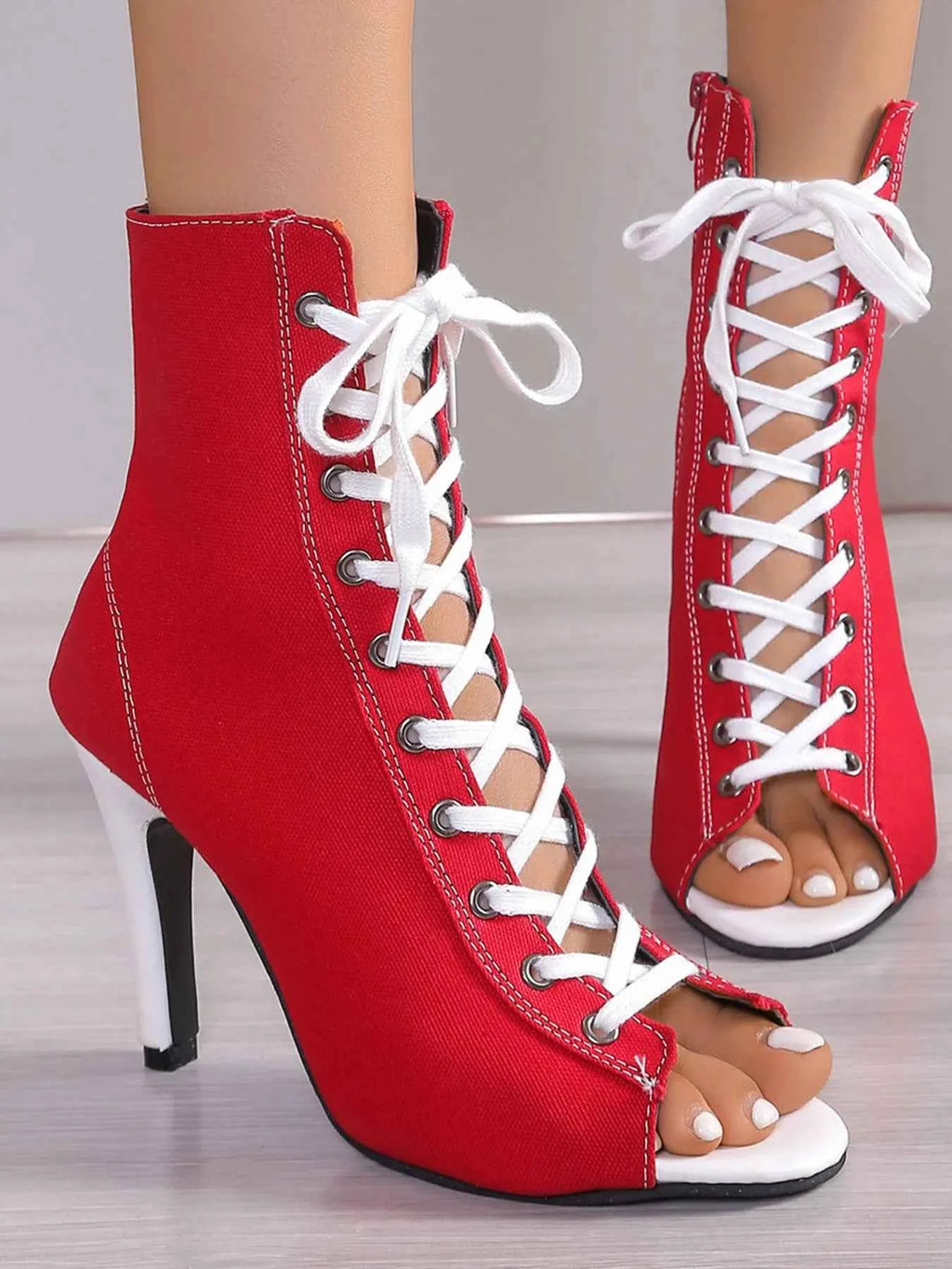 Canvas Lace-Up Peep Toe Stiletto Ankle Boots