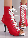 Canvas Lace-Up Peep Toe Stiletto Ankle Boots